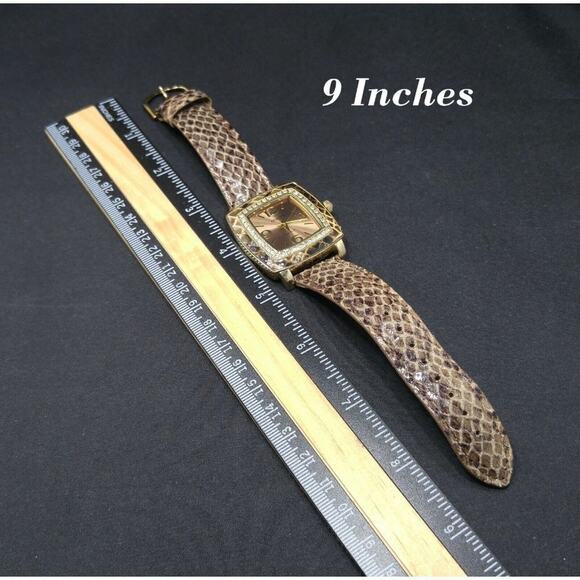 Chico's Faux Snake Skin Leather Watch, Clear Rhinestone Frame, 9 Inches - Picture 3 of 10